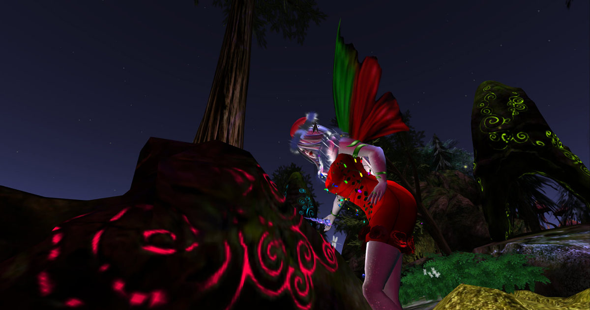 Faery inscribing runes on rock in Second Life