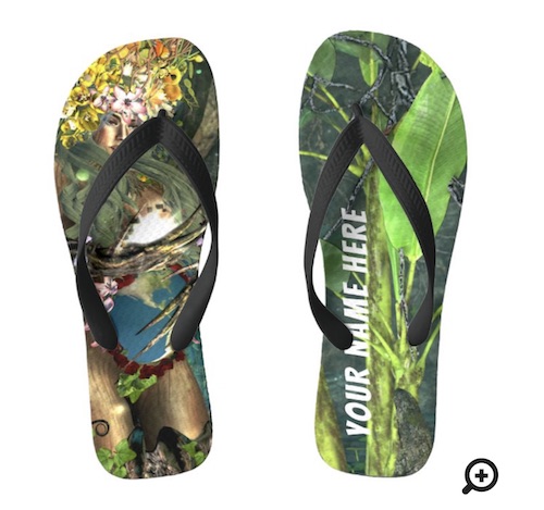 Photo of Mother Earth fantasy art flip flops, for sale in the Goddess Whispers shop on Zazzle