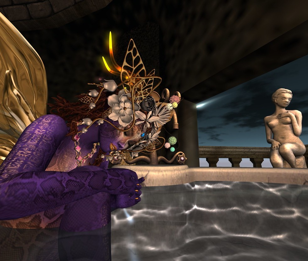 image of a purple moth fairy unwinding in the hot stone pool